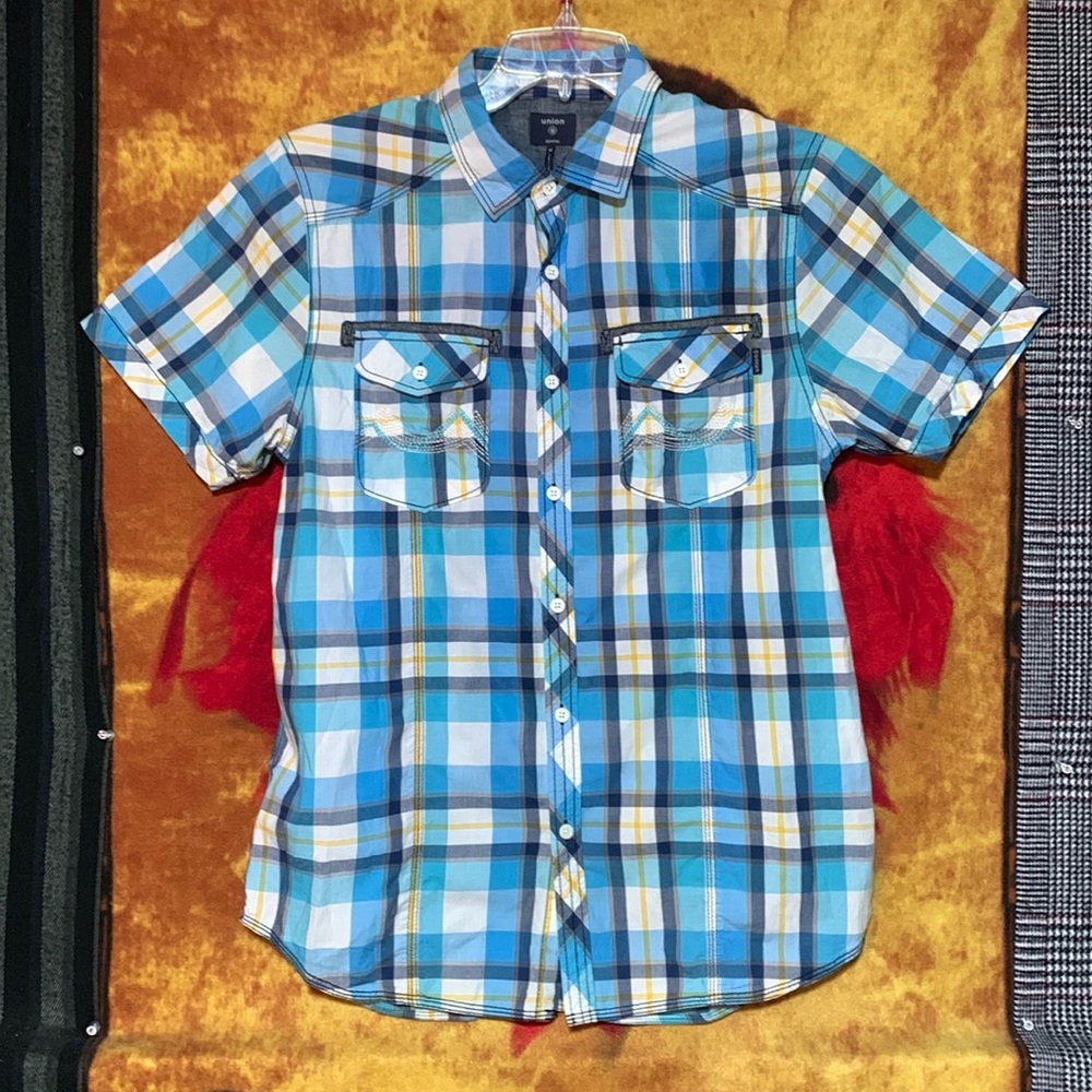 UNION-men’s blue/yellow plaid cotton shirt sleeve button-down shirt